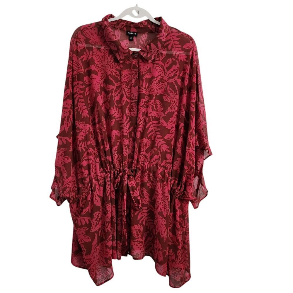 Torrid Blouse 5X Pink Chiffon Button Up‎ Short Dolman Sleeve Collared Top Floral